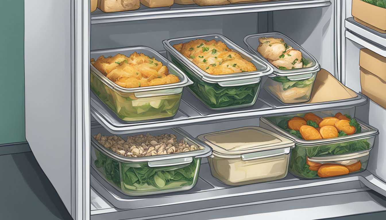 A sealed container of Chicken Florentine sits in a refrigerator next to other prepared meals