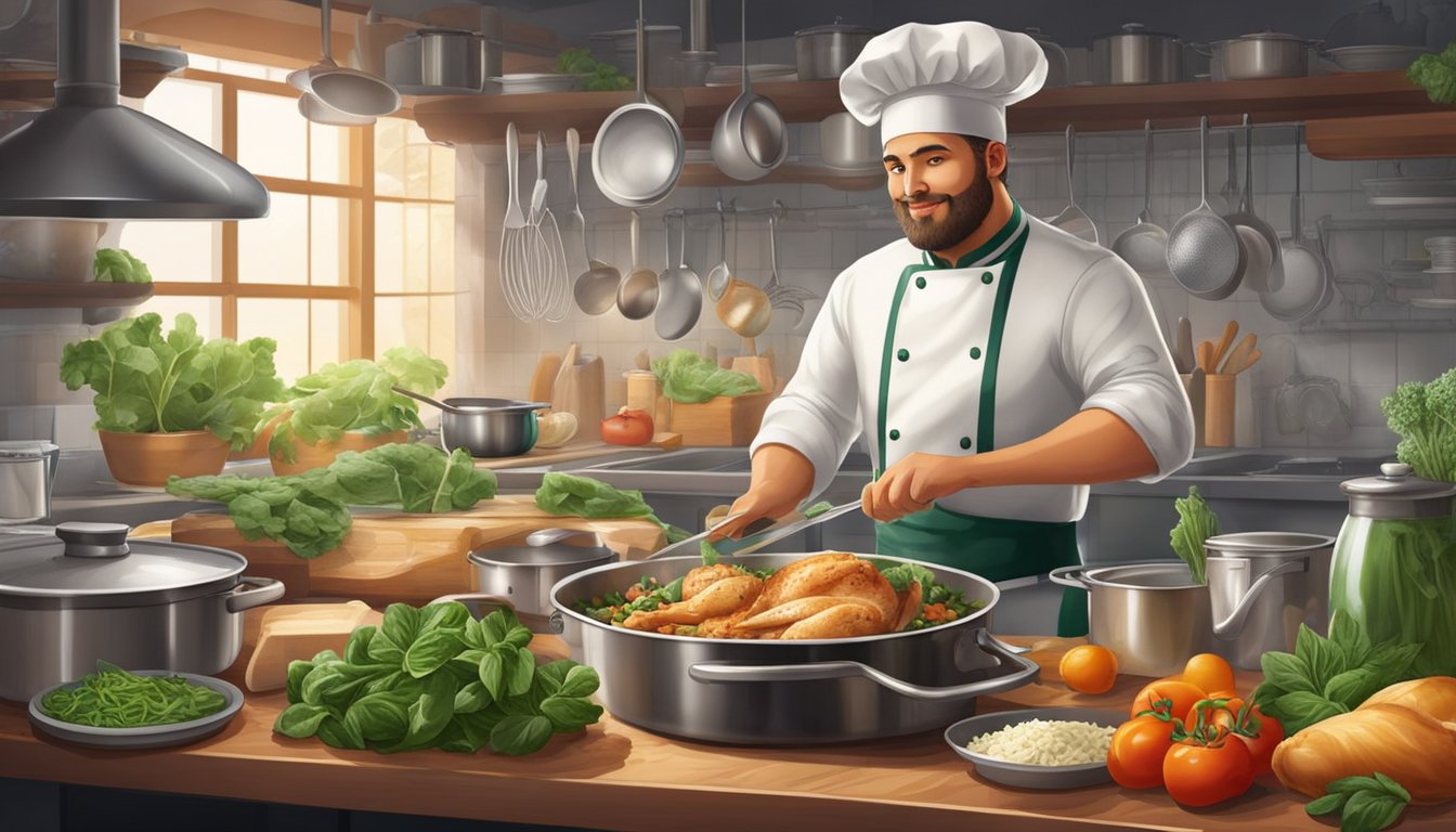 A chef prepares Chicken Florentine in a bustling kitchen, surrounded by fresh ingredients and cooking utensils. The aroma of herbs and sizzling chicken fills the air