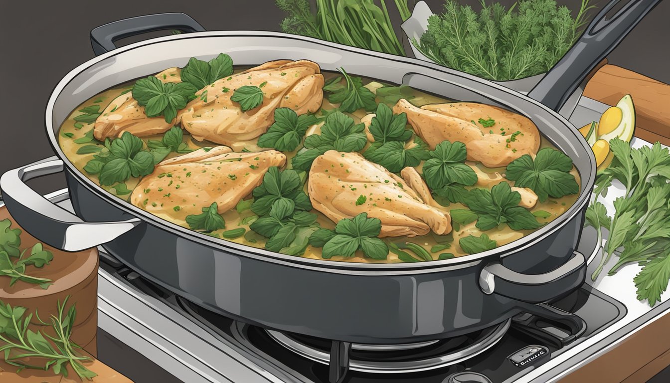 A steaming pot of chicken florentine simmering on a stovetop, surrounded by fresh herbs and ingredients