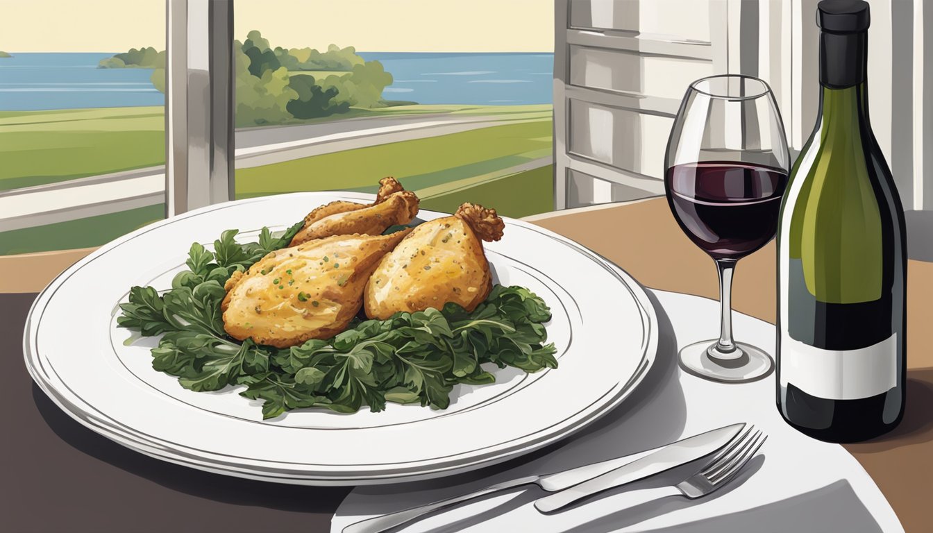 A table set with a plate of Chicken Florentine, a glass of wine, and a bottle