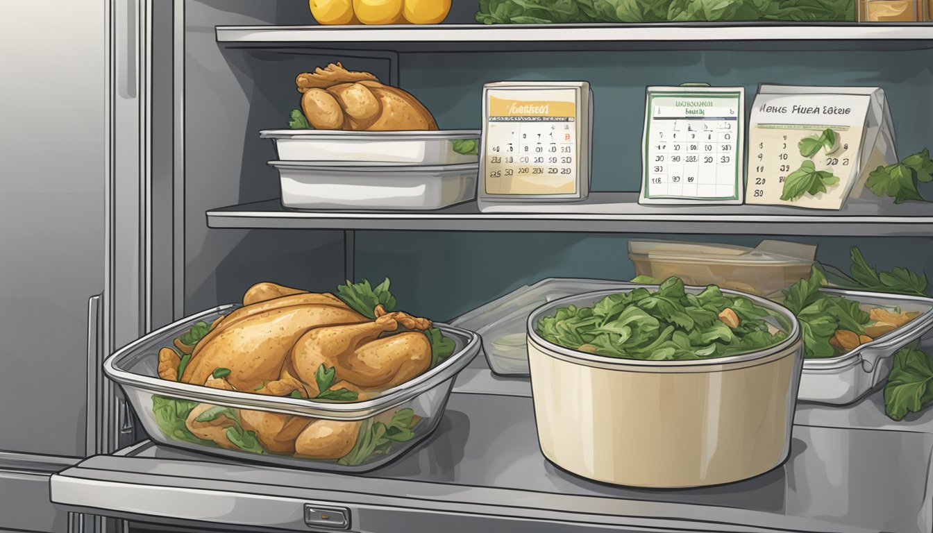 A cooked chicken florentine dish sits in a sealed container in the refrigerator. A calendar on the wall shows the current date