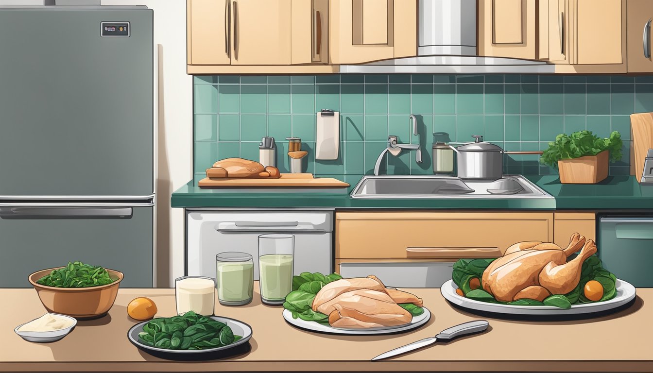 A kitchen counter with a cutting board, knife, raw chicken, spinach, cream sauce, and a refrigerator in the background