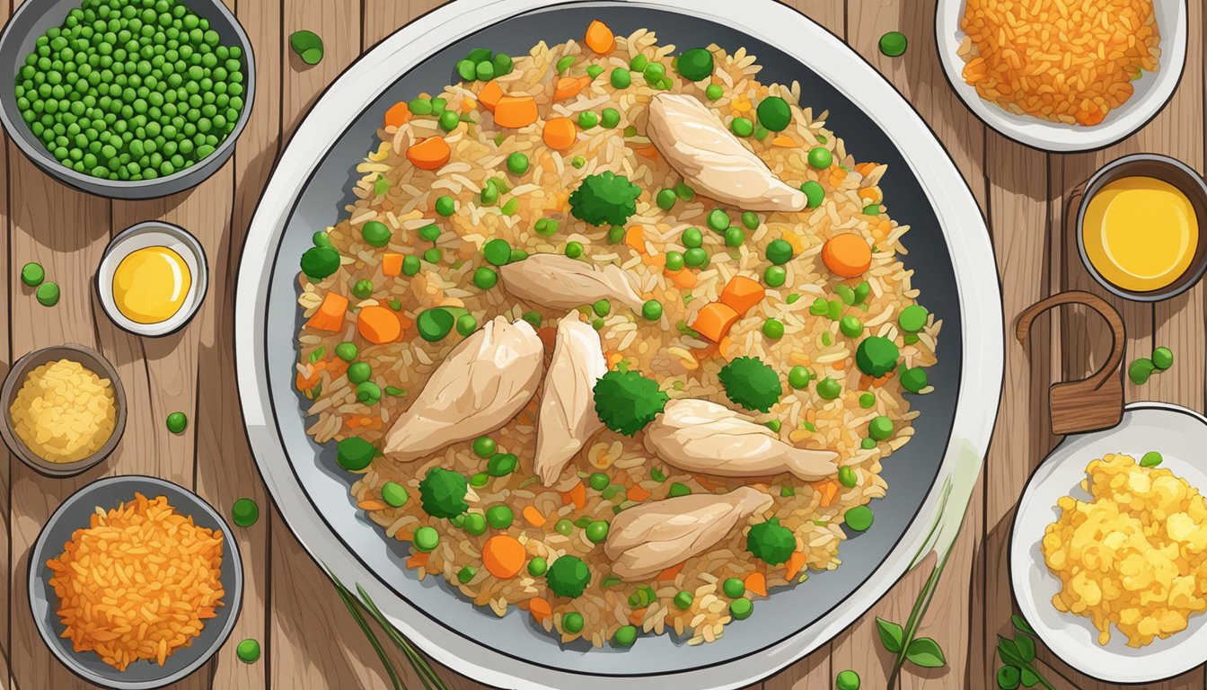 A steaming plate of chicken fried rice sits on a wooden table, surrounded by colorful ingredients like peas, carrots, and scrambled eggs