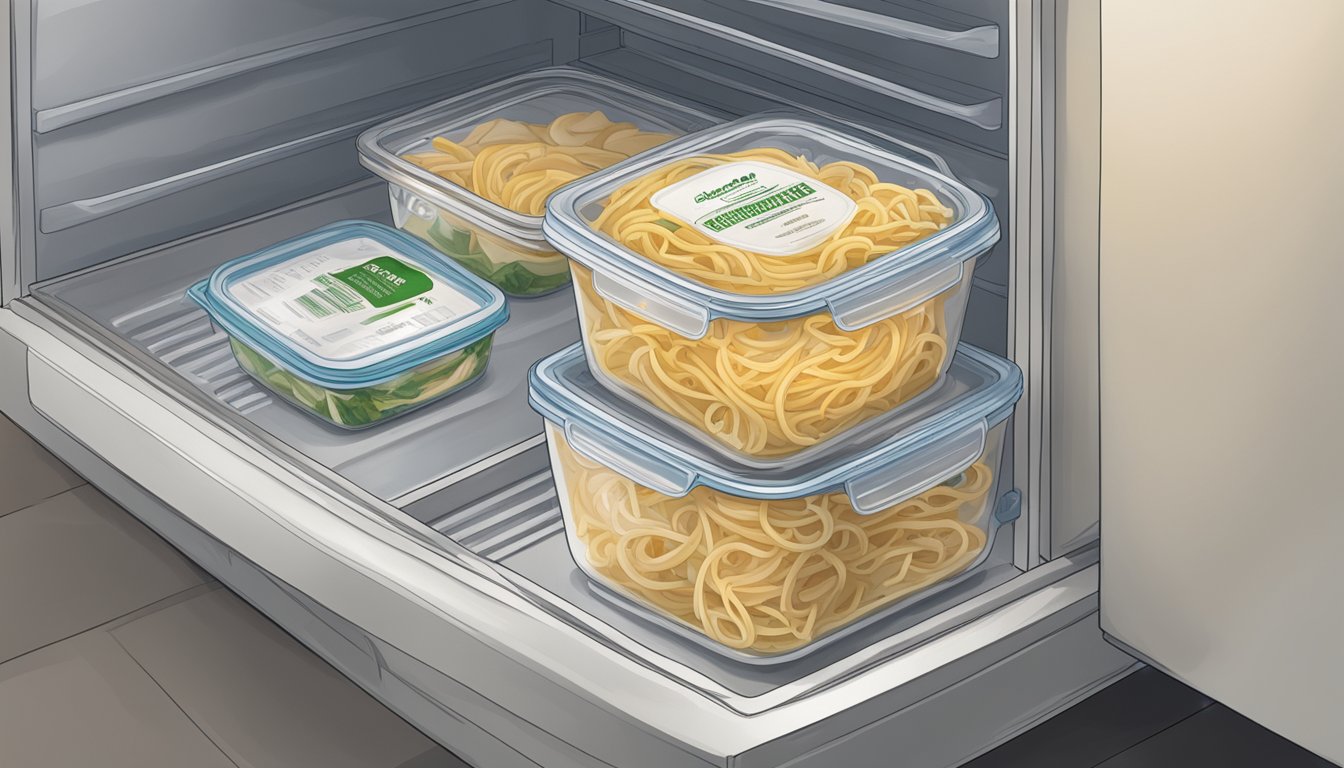 A sealed container of chicken fettuccine alfredo sits in a refrigerator next to other leftovers. The date on the container indicates it was prepared three days ago