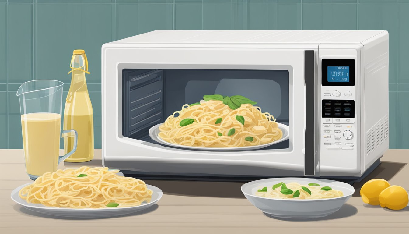 A microwave next to a plate of chicken fettuccine alfredo with a steam cover