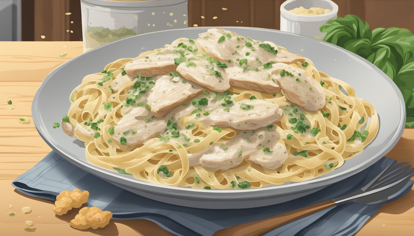 A plate of chicken fettuccine alfredo sits on a kitchen counter, covered in mold and emitting a foul odor