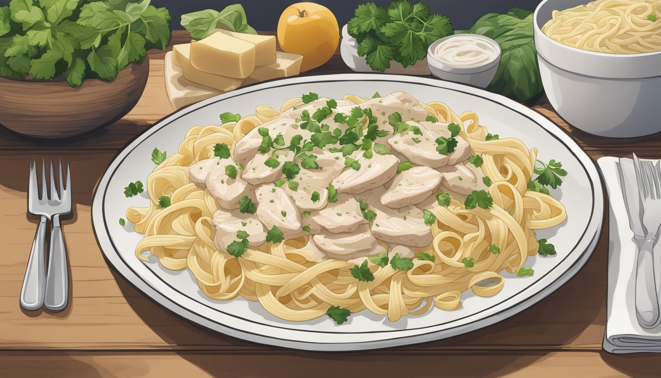 A plate of chicken fettuccine alfredo sits on a kitchen table, surrounded by fresh ingredients and a nutrition label