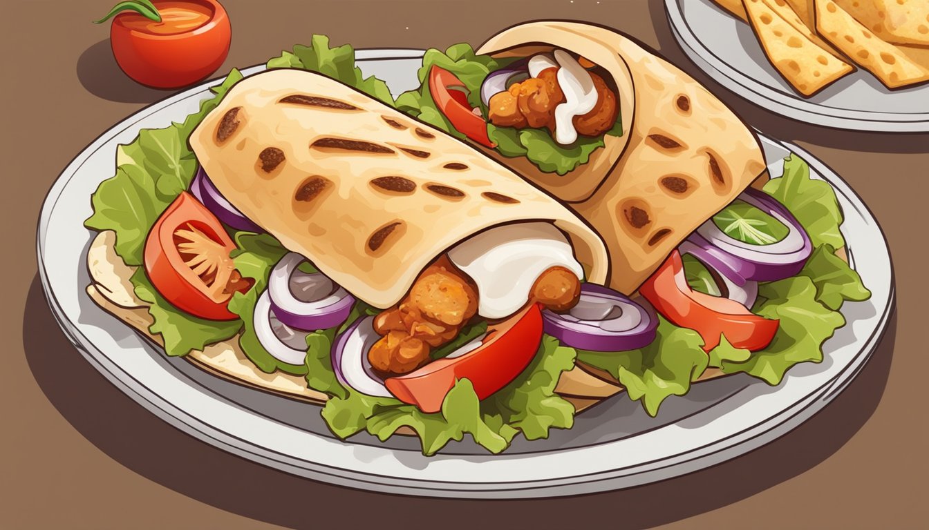 A sizzling chicken gyro rotates on a vertical spit, surrounded by fresh ingredients and warm pita bread