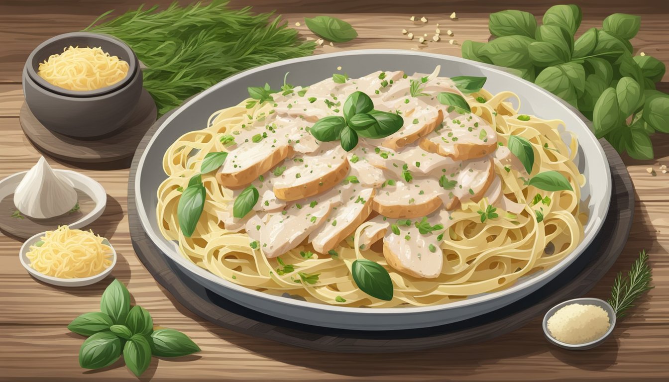 A steaming plate of chicken fettuccine alfredo sits on a rustic wooden table, surrounded by fresh herbs and a sprinkle of parmesan cheese