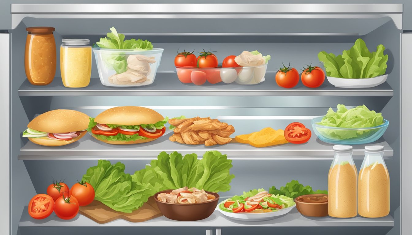 A refrigerator shelf with a container of chicken gyro, surrounded by fresh ingredients like lettuce, tomatoes, and pita bread