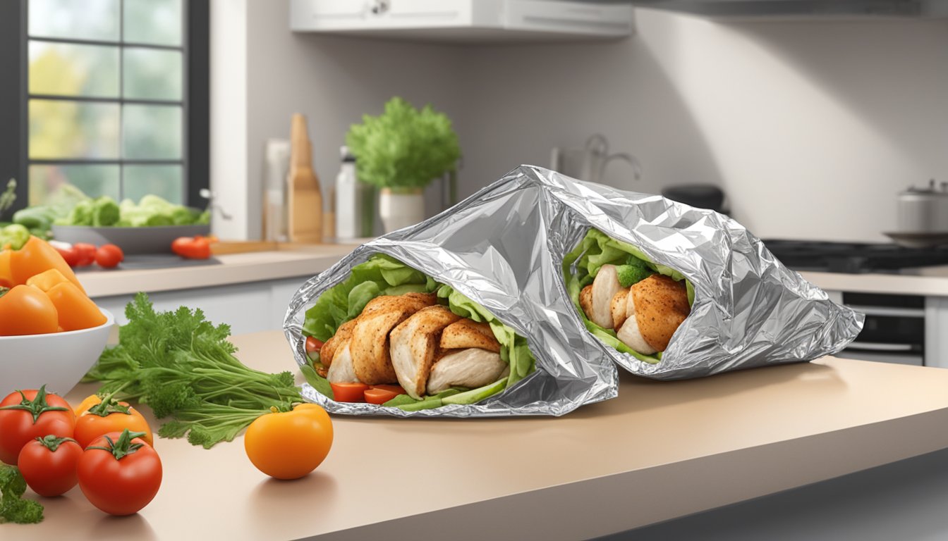 A chicken gyro wrapped in foil on a kitchen counter, surrounded by fresh vegetables and herbs. A refrigerator is in the background