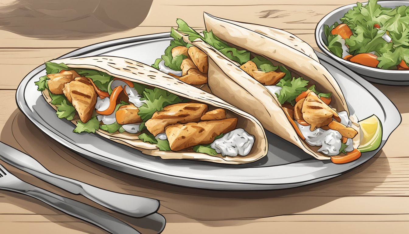 A plate of sliced chicken gyro with pita bread and a side of tzatziki sauce, ready to be eaten