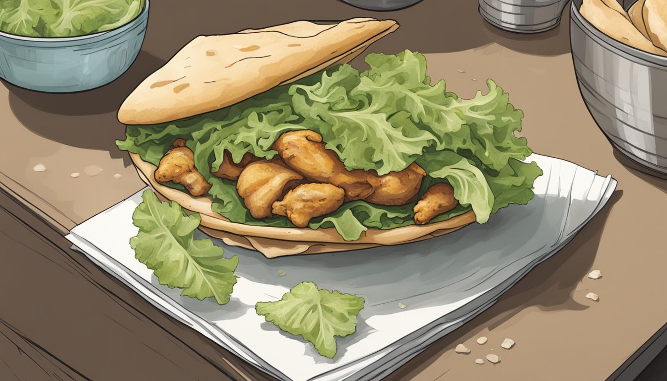 A chicken gyro sits on a countertop, surrounded by wilted lettuce and a moldy pita. The meat appears discolored and emits a foul odor