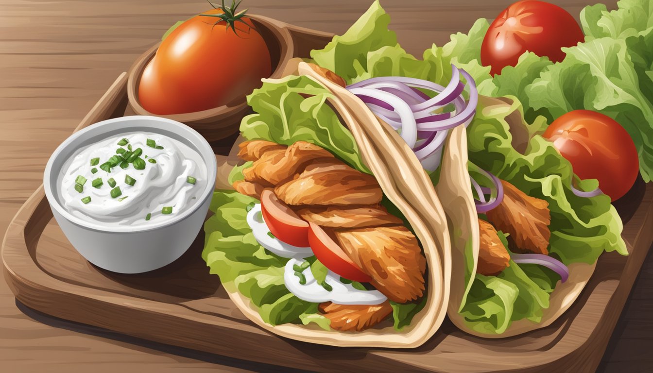 A chicken gyro surrounded by fresh lettuce, tomatoes, onions, and a side of tzatziki sauce