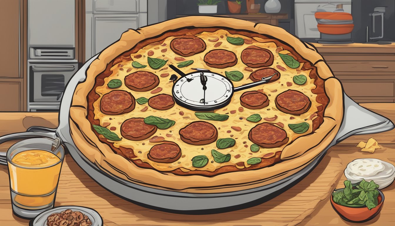 A deep dish meat lovers pizza sits on a kitchen counter, covered in gooey cheese and savory toppings. A clock on the wall shows the time passing