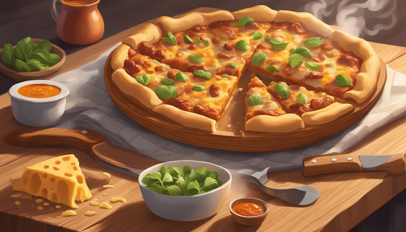 A freshly baked deep dish BBQ chicken pizza sits on a wooden cutting board, steam rising from the golden crust, surrounded by scattered BBQ sauce and cheese