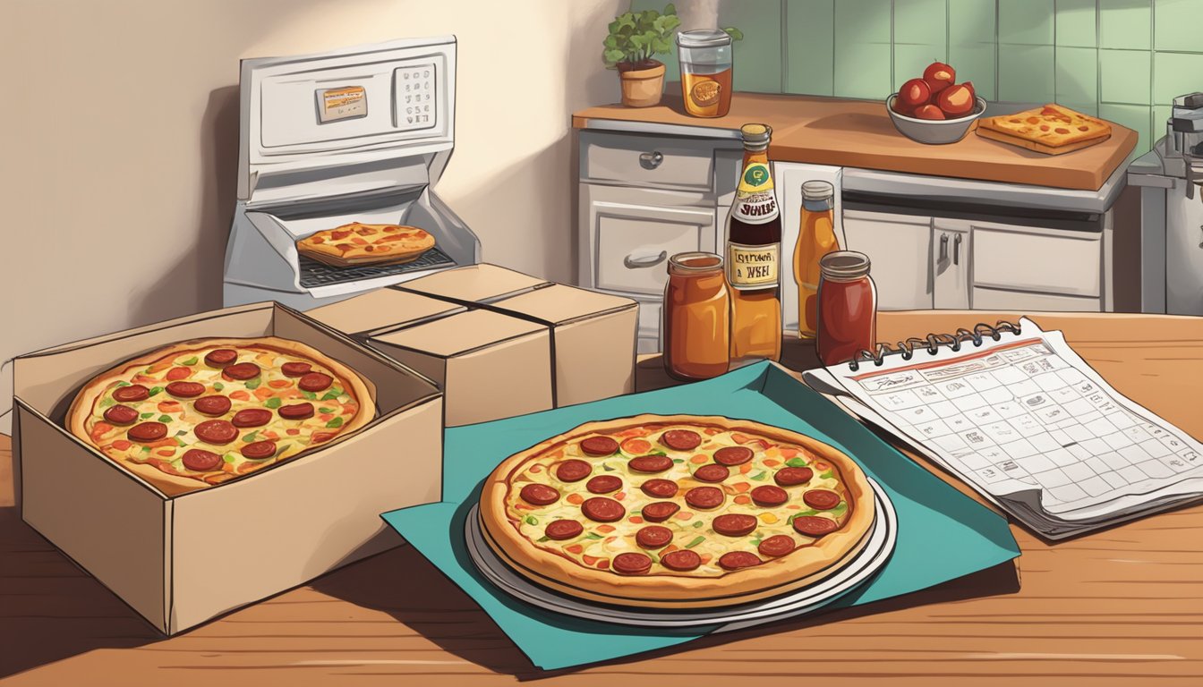 A deep dish BBQ chicken pizza sits on a kitchen counter, surrounded by a few empty pizza boxes and a calendar marking the date of purchase