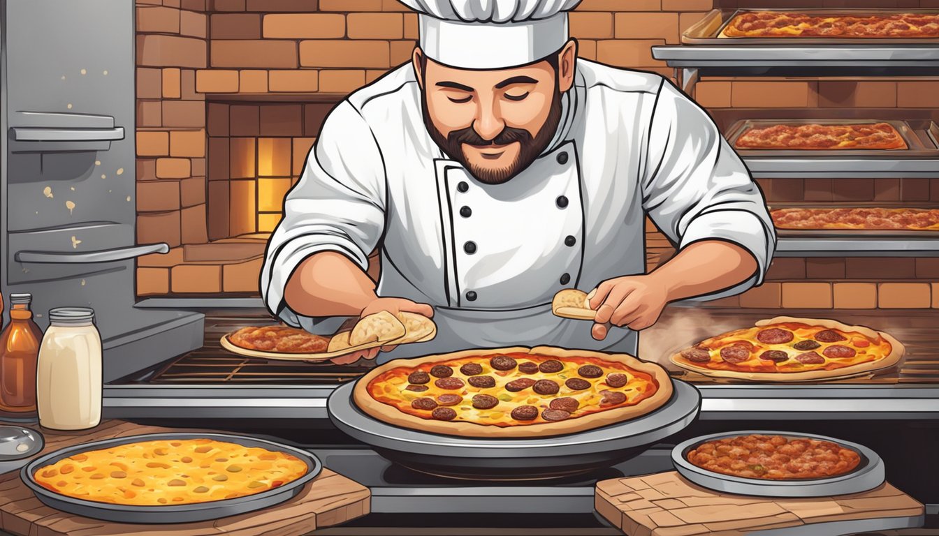 A chef places a deep dish meat lovers pizza in the oven, surrounded by bubbling cheese and sizzling toppings