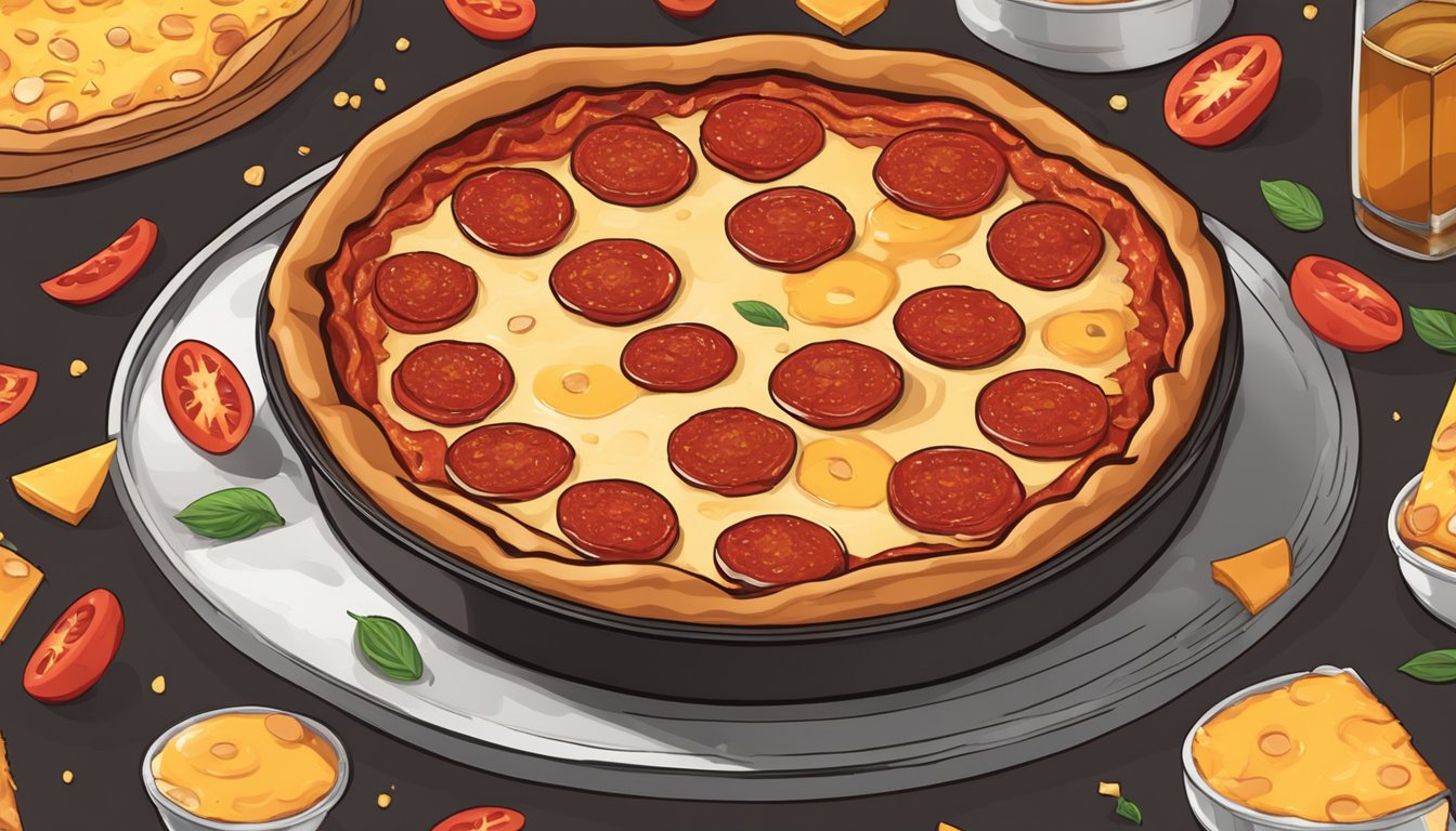 A thick, golden-brown deep dish pepperoni pizza sits on a round, metal baking tray, oozing with melted cheese and topped with slices of pepperoni