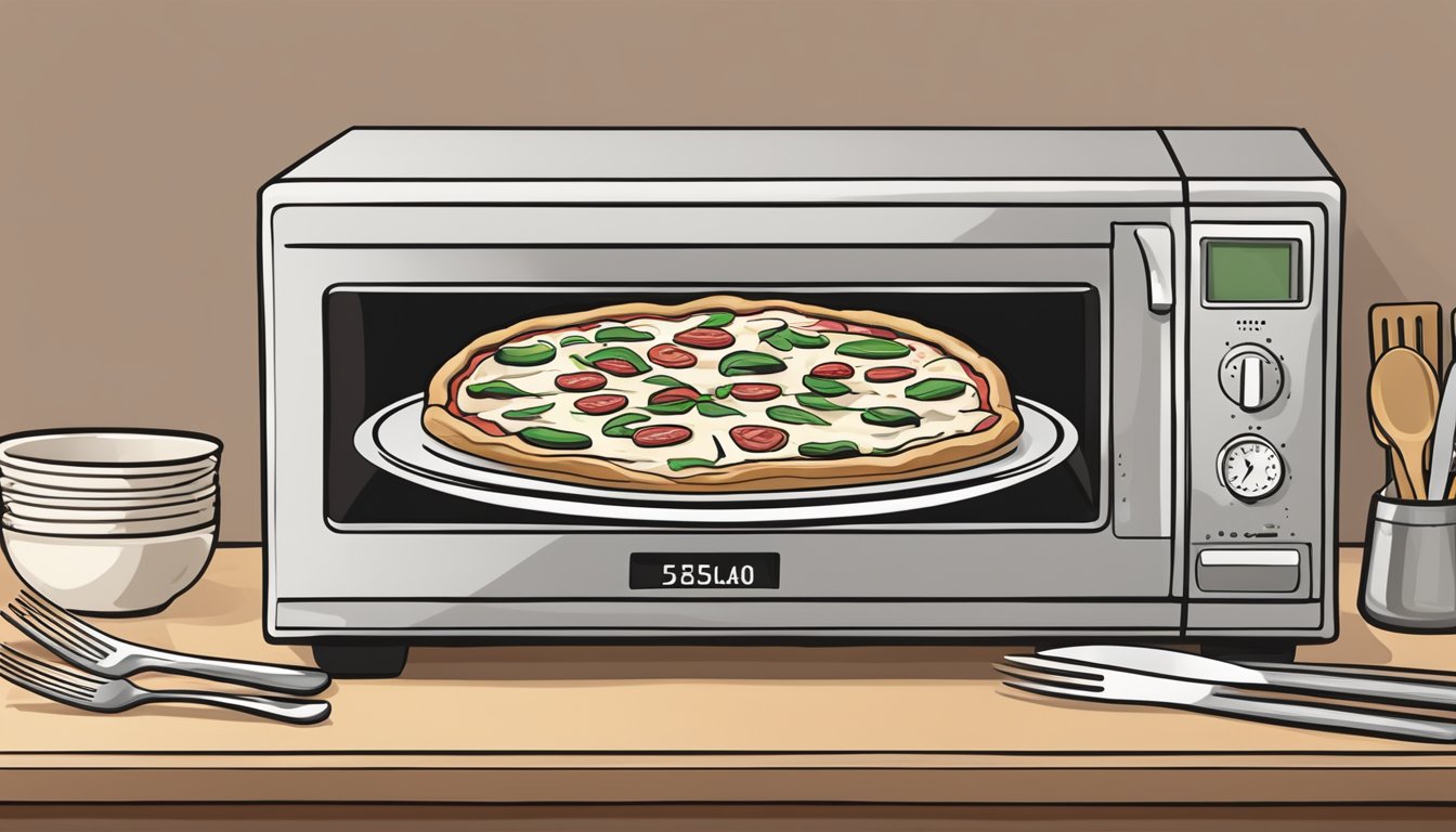 A deep dish meat lovers pizza sits in a microwave, the timer counting down. A plate and utensils are nearby, ready for serving