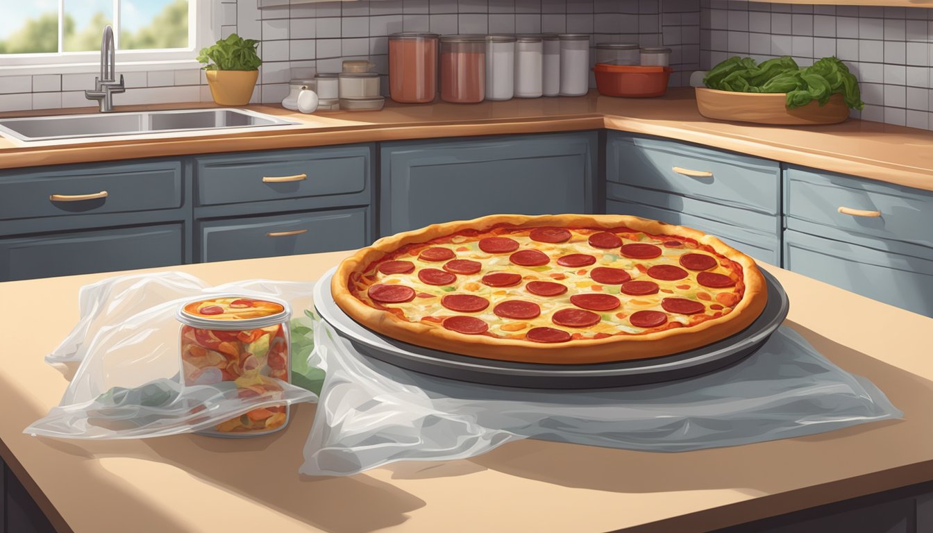 A deep dish pepperoni pizza sits on a kitchen counter, covered with a clear plastic wrap. The pizza is surrounded by various food storage containers and a refrigerator in the background