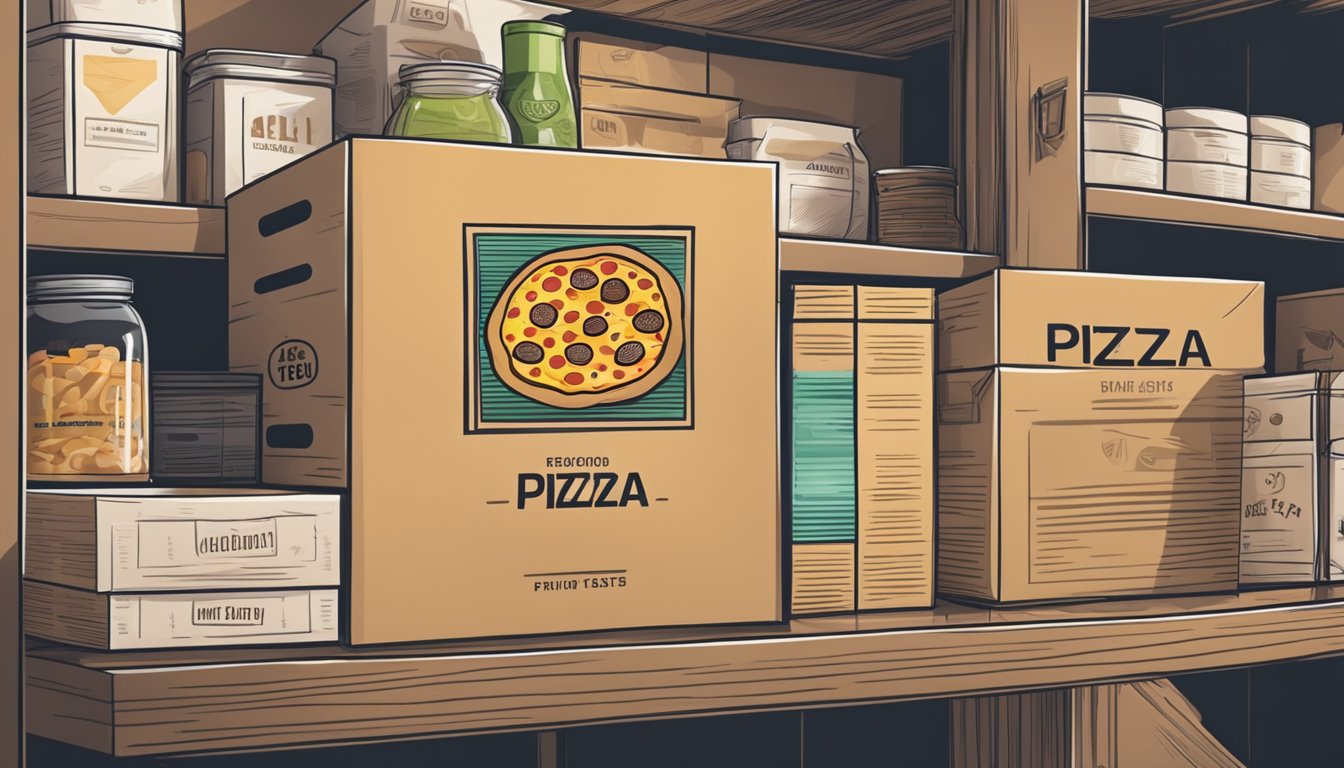 A pizza box sits on a clean, organized shelf in a cool, dry pantry. The box is sealed and labeled with the date of purchase