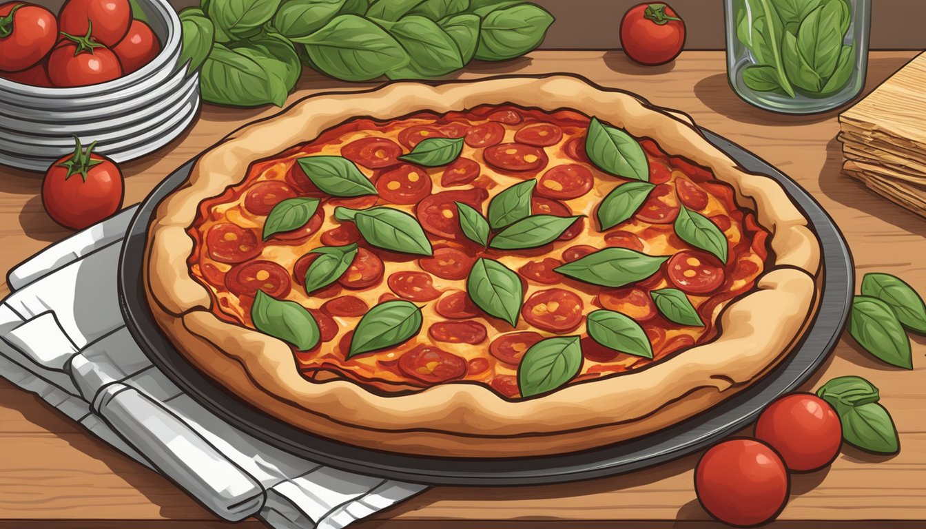 A deep dish pepperoni pizza sits on a wooden cutting board, surrounded by fresh basil leaves. A glass container with a tight-fitting lid is nearby, ready for storing the leftovers