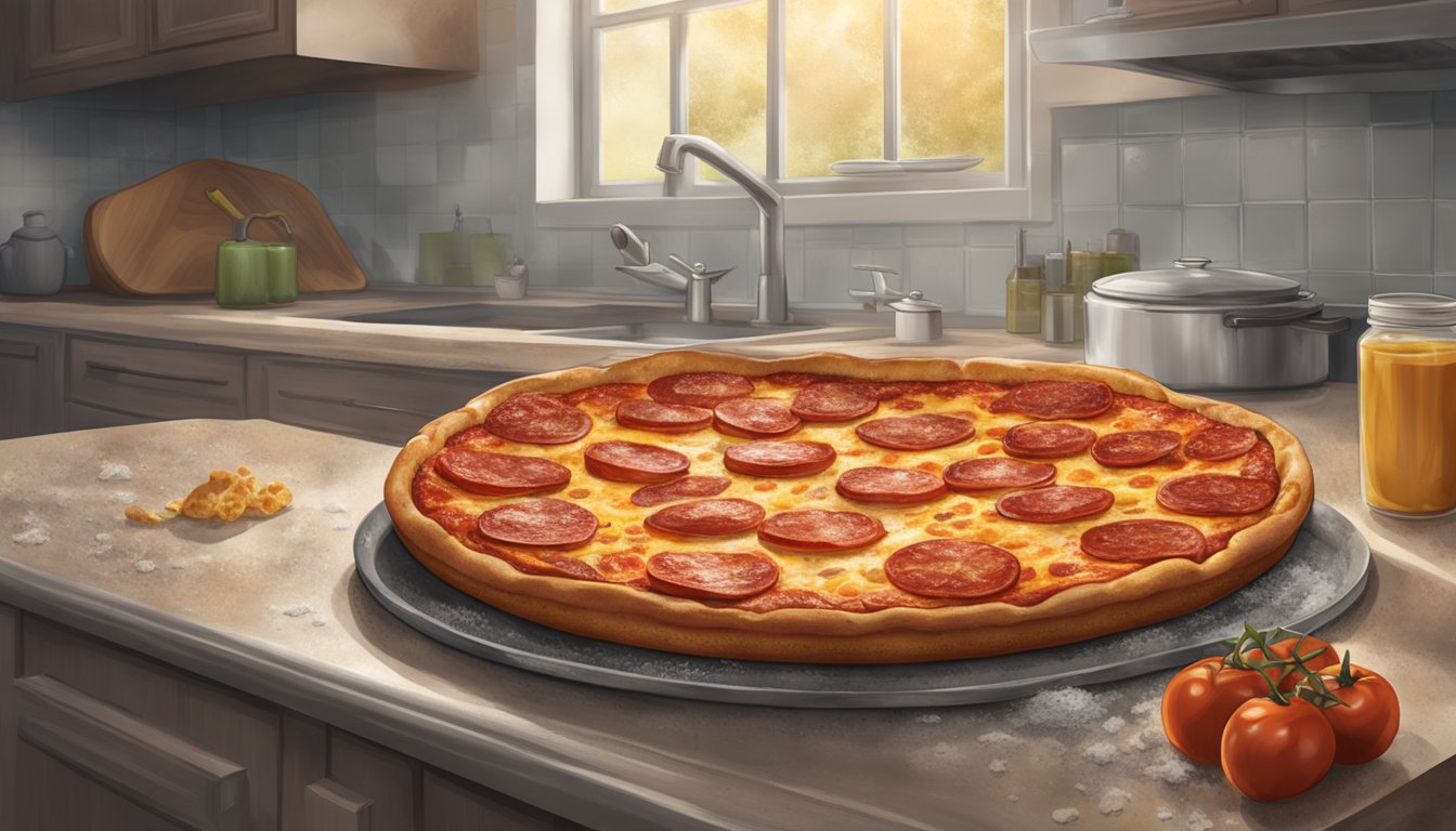 A deep dish pepperoni pizza sits on a kitchen counter, covered in mold and emitting a foul odor