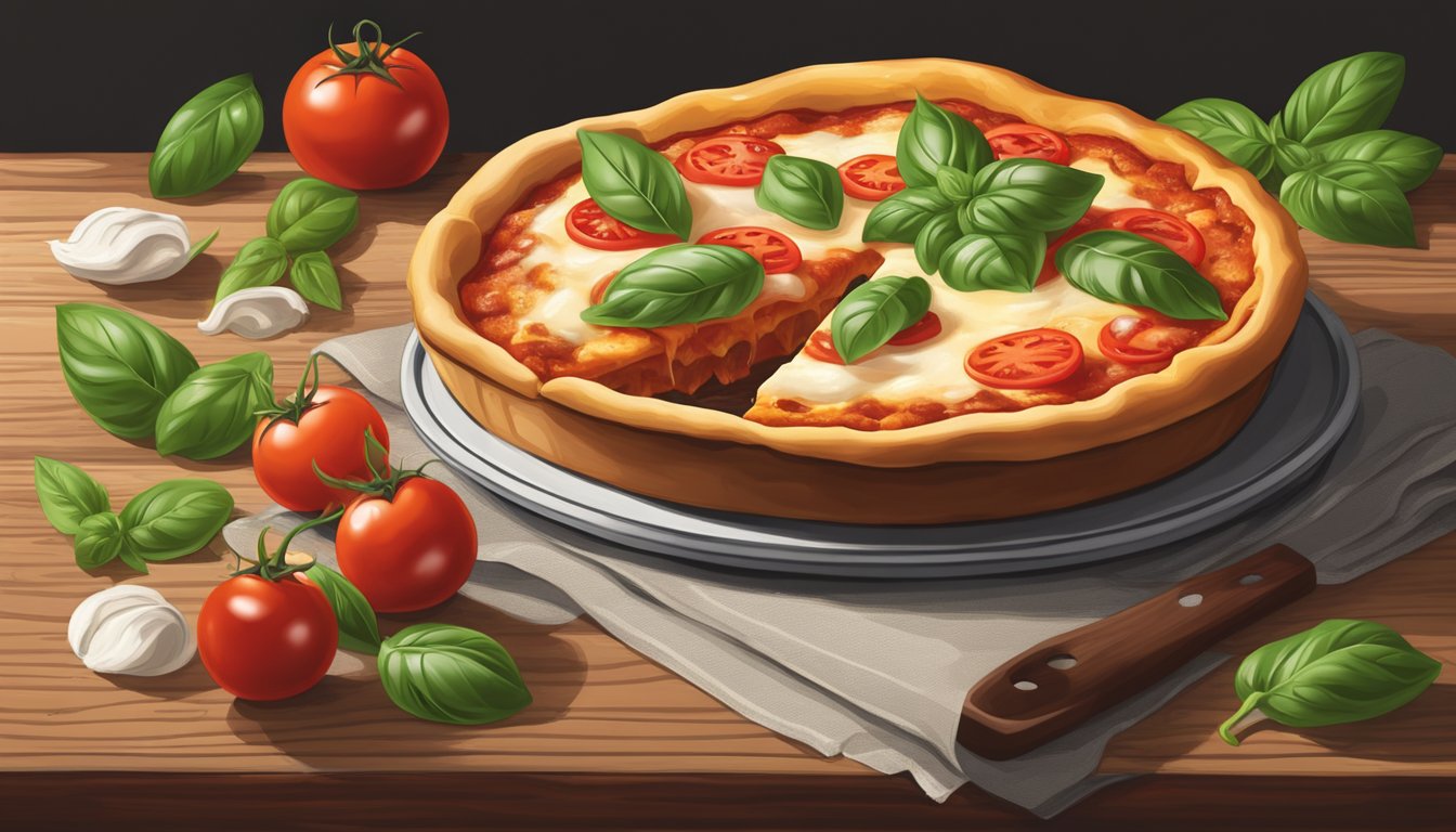 A deep dish margherita pizza sits on a rustic wooden table, oozing with melted cheese and vibrant tomato sauce, surrounded by fresh basil leaves and sliced tomatoes