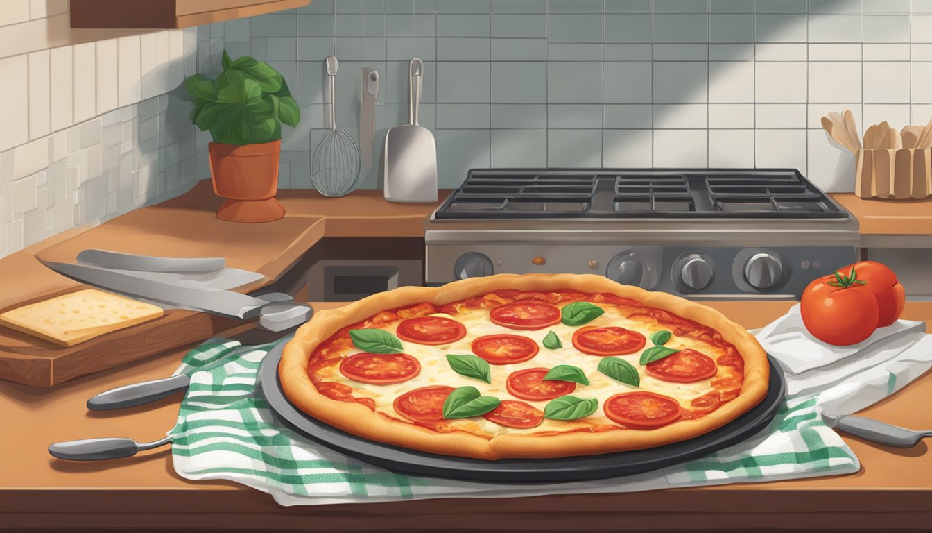 A deep dish margherita pizza sits on a kitchen counter, uncovered and exposed to air. Its cheese is beginning to harden and the crust is losing its crispness