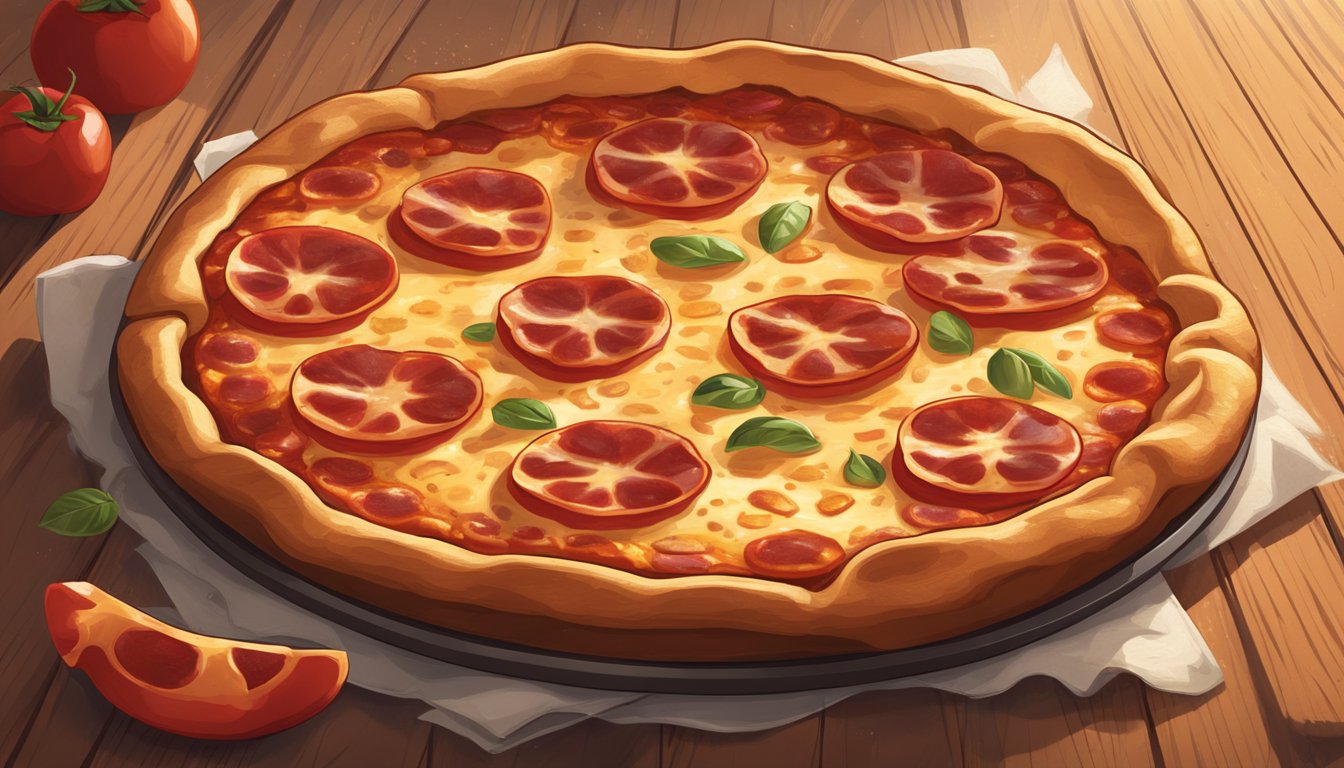 A deep dish pepperoni pizza sits on a wooden table, surrounded by scattered pepperoni slices. Steam rises from the hot, gooey cheese, and the crust is golden and crispy