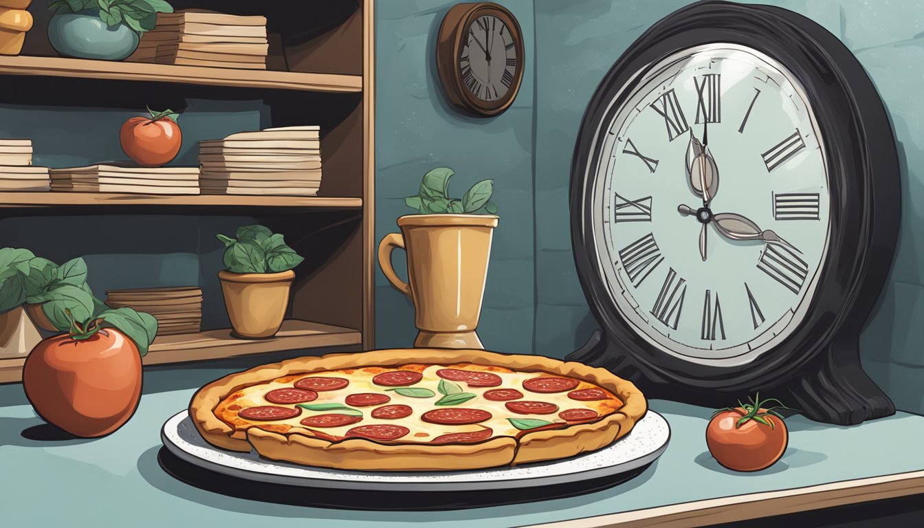 A frozen deep dish margherita pizza sits on a shelf, surrounded by frost. A clock on the wall shows the passage of time