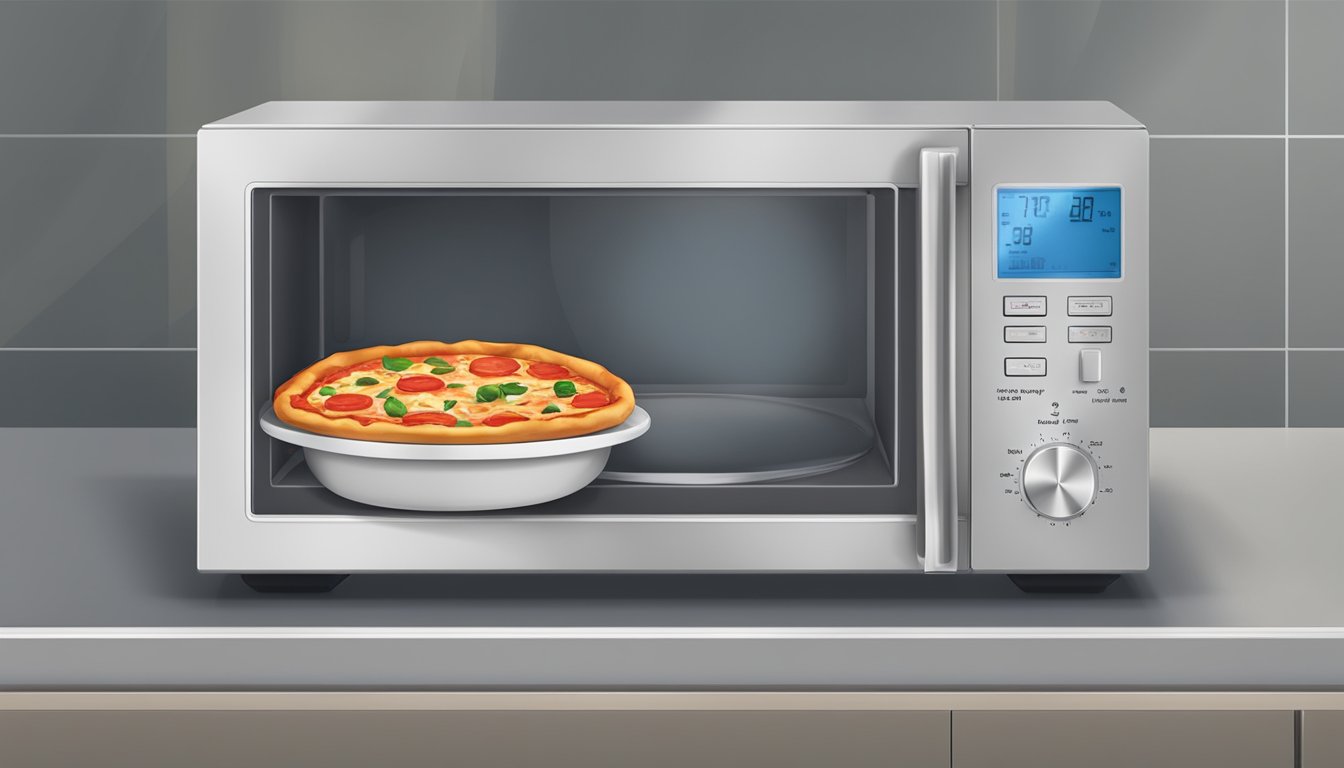 A microwave with a plate of deep dish supreme pizza inside, a timer set for 2 minutes, and steam rising from the hot pizza