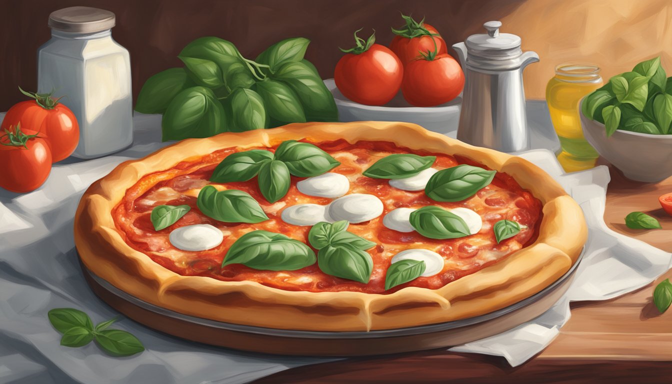 A deep dish margherita pizza sits on a kitchen counter, surrounded by fresh tomatoes, basil, mozzarella cheese, and olive oil. The pizza is covered in a thick layer of melted cheese and vibrant red tomato sauce