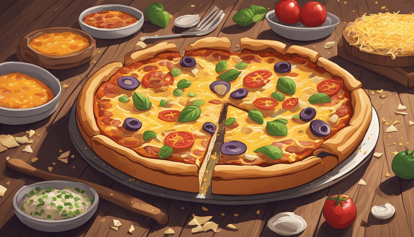 A deep dish supreme pizza sits on a wooden table, surrounded by scattered crumbs. The cheese is melted and bubbling, with colorful toppings spread evenly across the surface