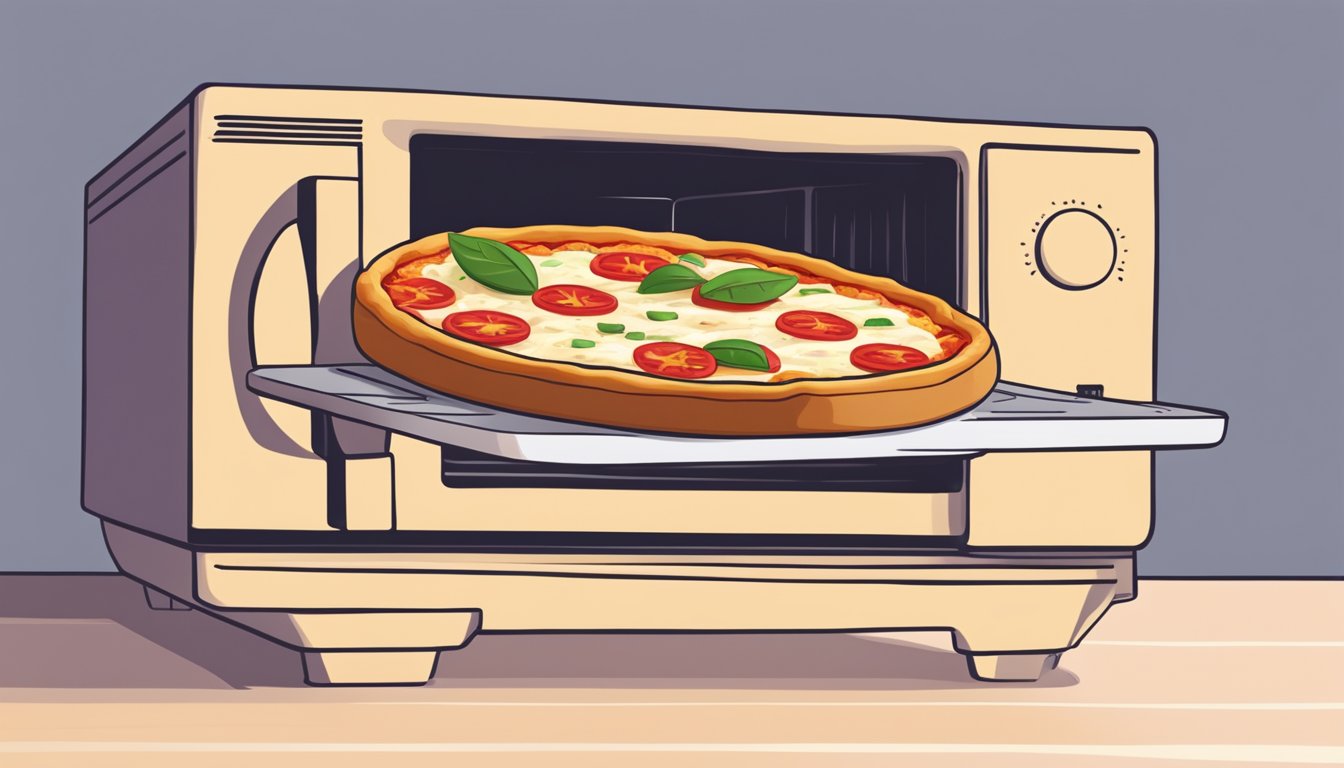 A slice of deep dish margherita pizza being reheated in the microwave for a few minutes