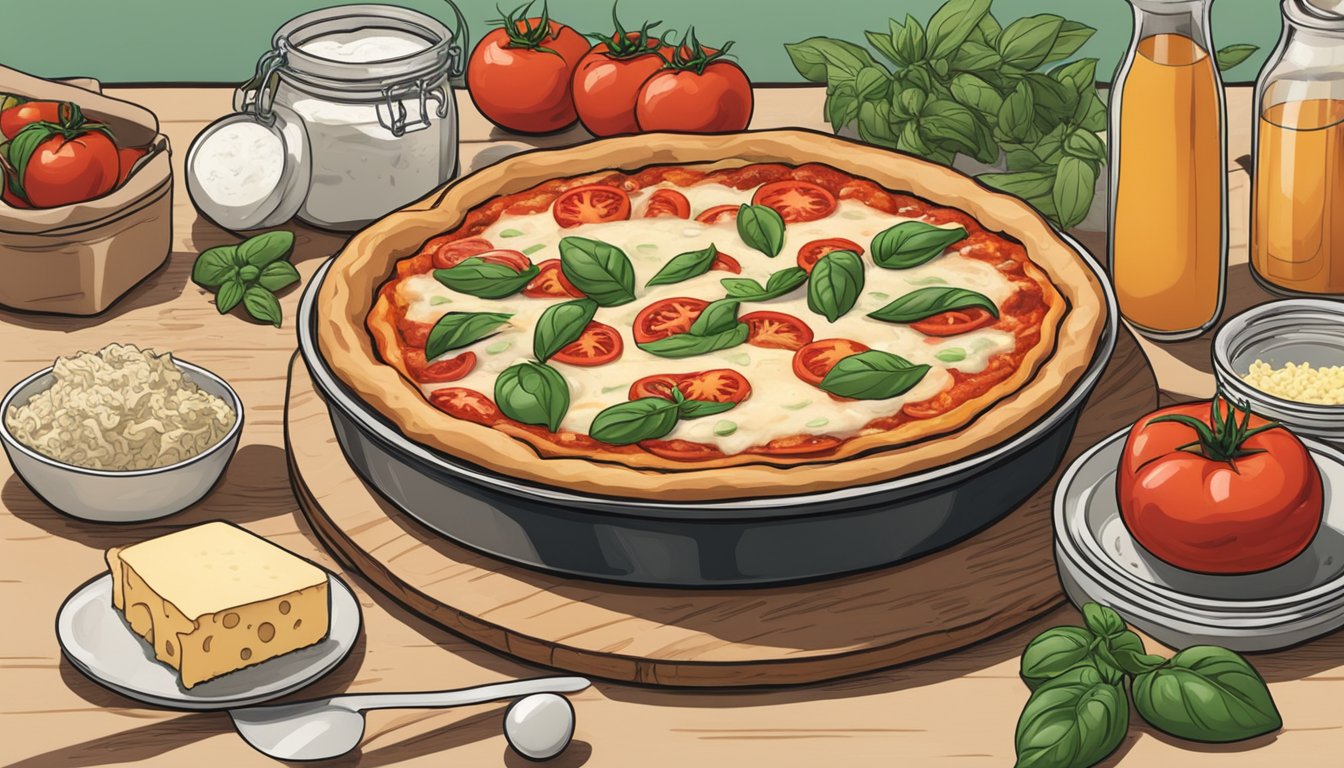 A deep dish margherita pizza sits on a kitchen counter, surrounded by various containers and bags of ingredients. The pizza is covered in gooey cheese, fresh tomatoes, and fragrant basil leaves