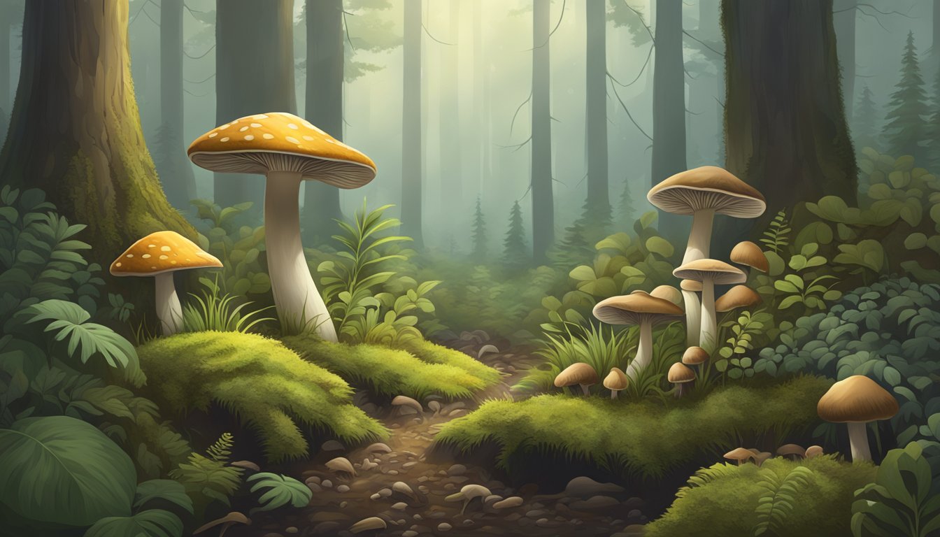 A lush forest floor in Alaska, with various types of mushrooms sprouting from the damp earth, surrounded by towering trees and a misty atmosphere