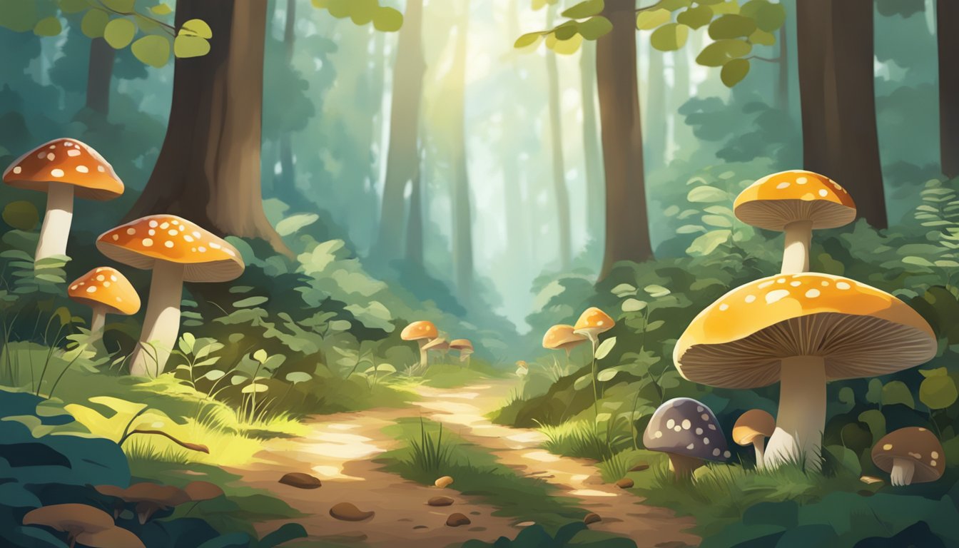 A lush forest floor with various types of mushrooms in different shapes, sizes, and colors scattered around. Sunlight filters through the trees, casting dappled shadows on the ground