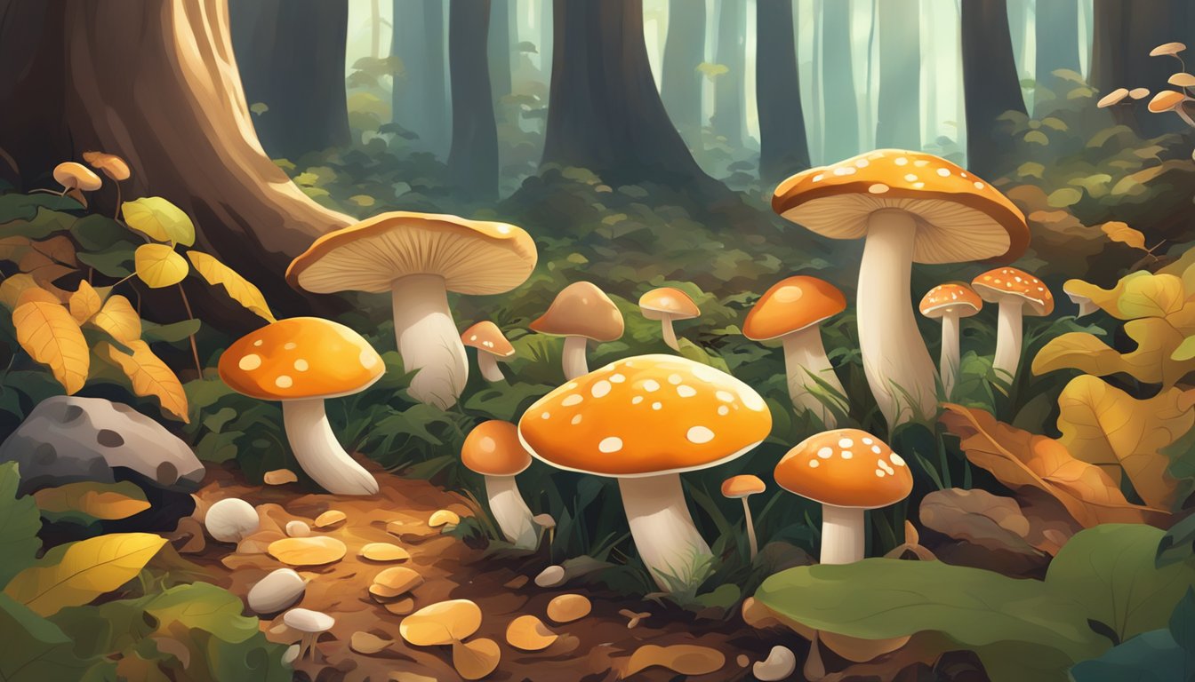 A forest floor with various types of mushrooms growing among fallen leaves and twigs, with sunlight filtering through the trees