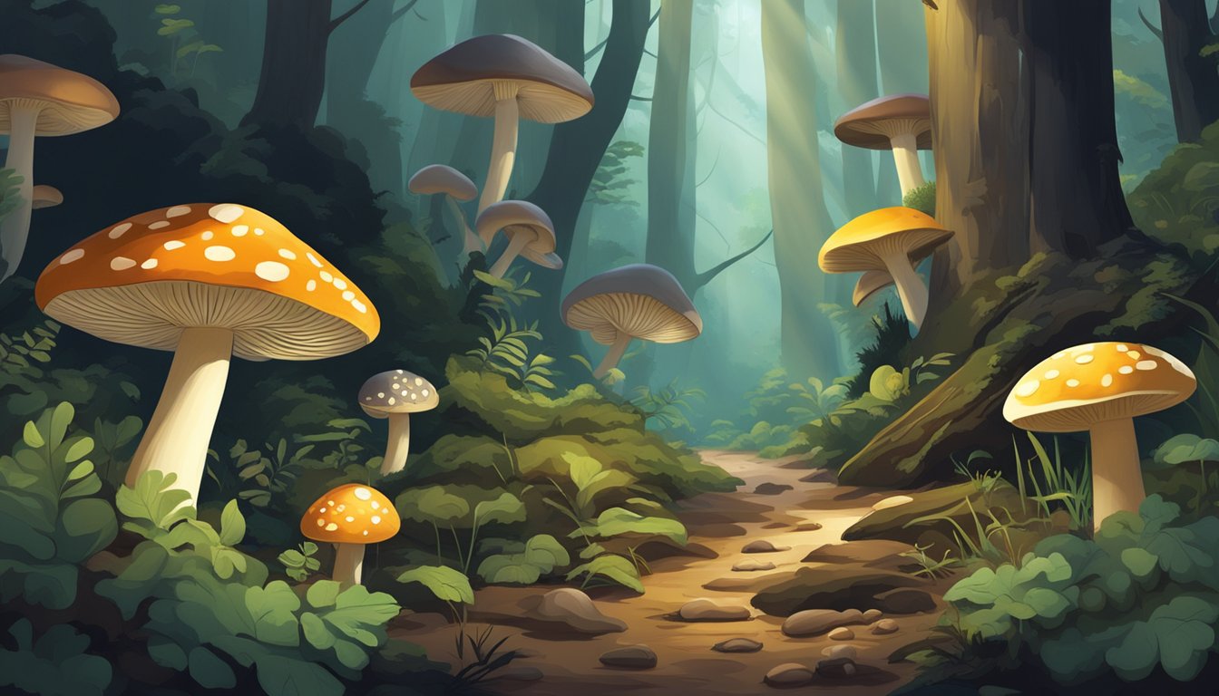 A forest floor with various types of mushrooms, some vibrant and inviting, others dark and menacing. The air is damp and cool, with shafts of sunlight breaking through the dense canopy above