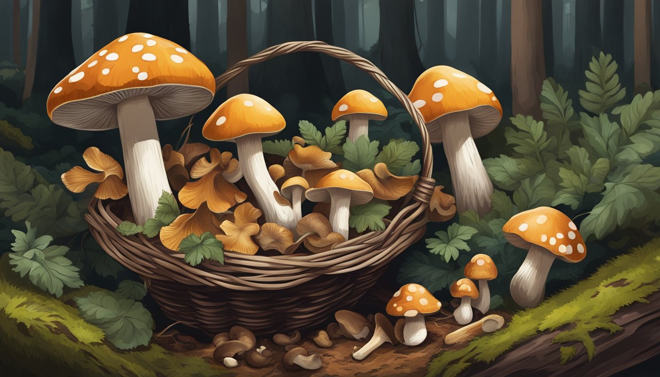 A forest floor with diverse mushrooms, some being carefully harvested with a knife and placed in a basket