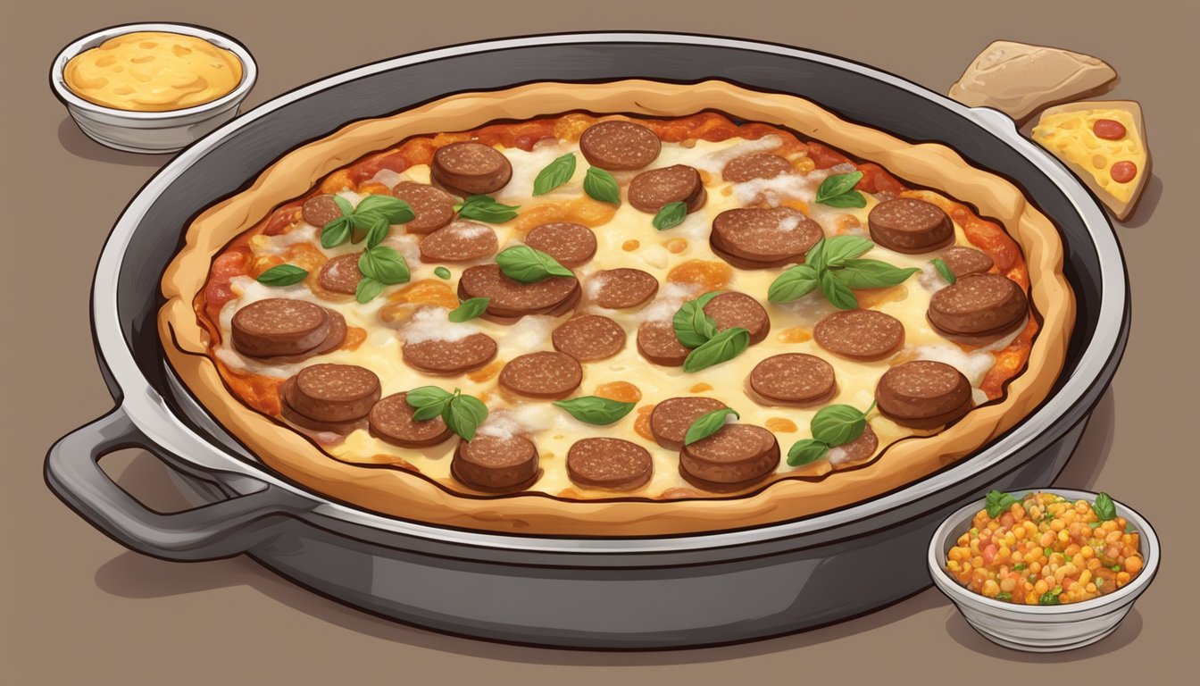 A steaming deep dish sausage pizza on a round pan, oozing with melted cheese and savory toppings, surrounded by a golden crust