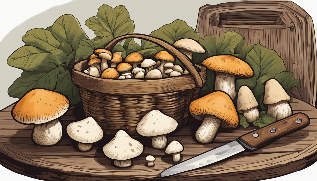 A wooden basket filled with various mushrooms sits on a rustic table next to a knife, cutting board, and a foraging basket