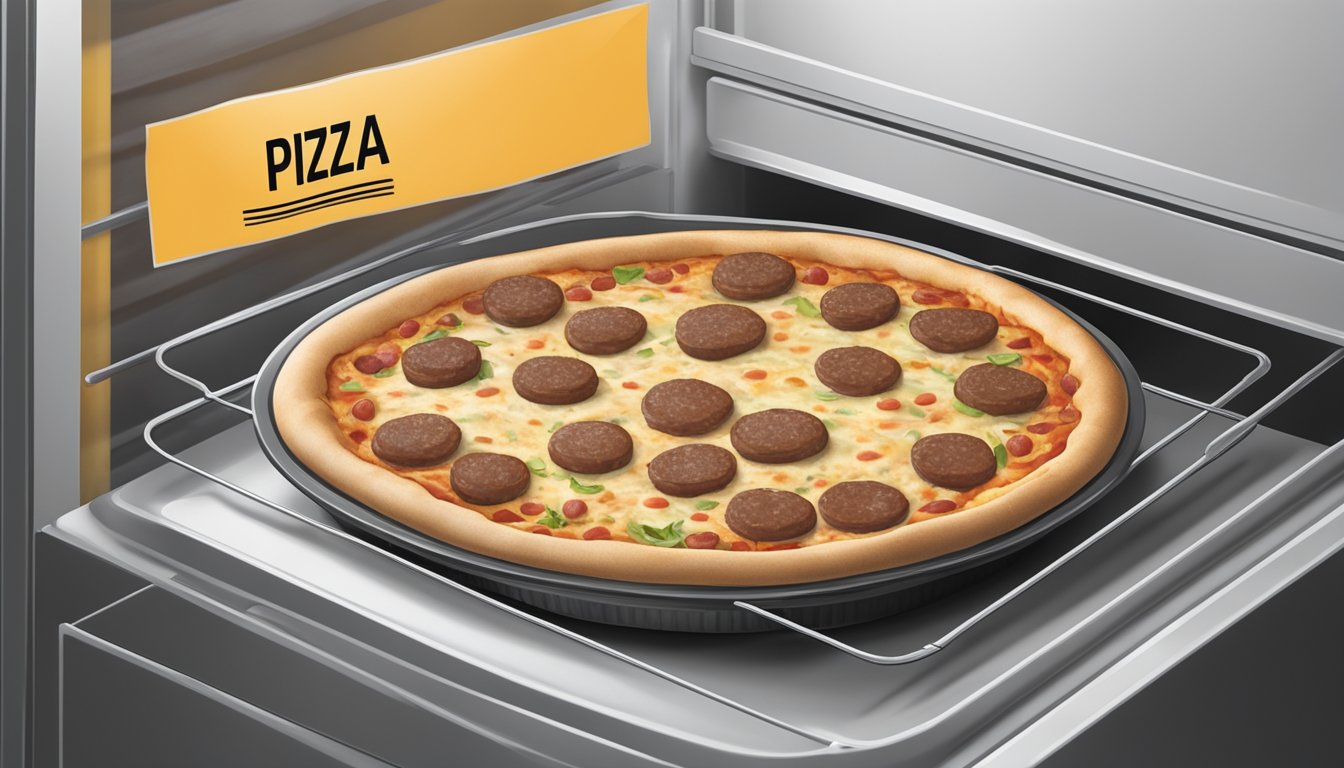 A deep dish sausage pizza sits in a sealed container in the refrigerator, with a label indicating the date it was made