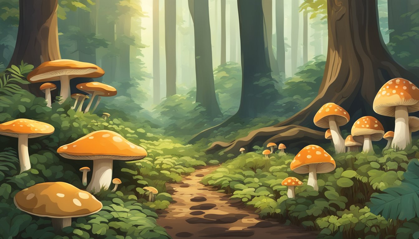 A dense forest floor with various types of mushrooms sprouting from the earth, surrounded by towering trees and dappled sunlight filtering through the canopy