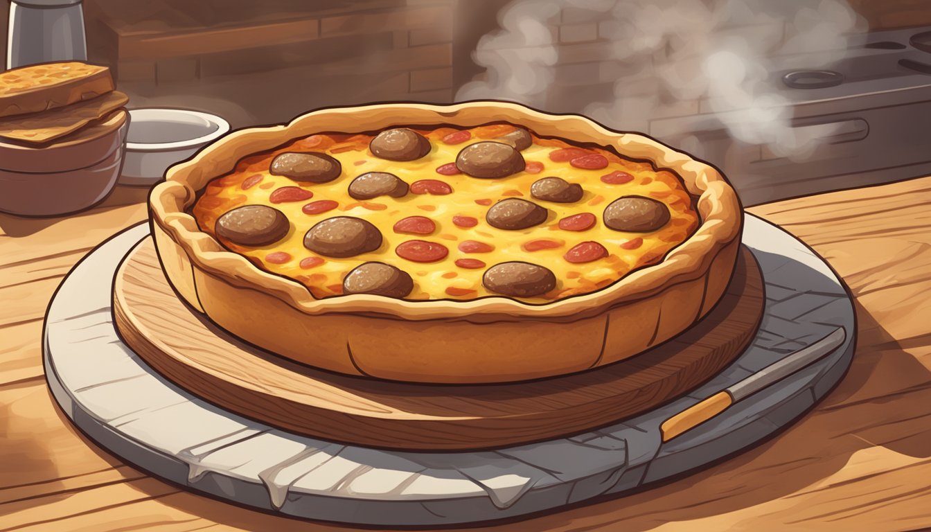 A deep dish sausage pizza sits on a wooden cutting board with steam rising from the golden, flaky crust and melted cheese