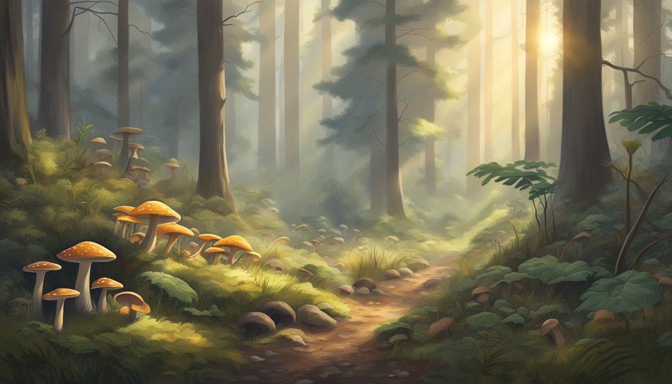 A misty morning in a dense California forest, with sunlight filtering through the trees onto the forest floor, where various types of mushrooms grow abundantly