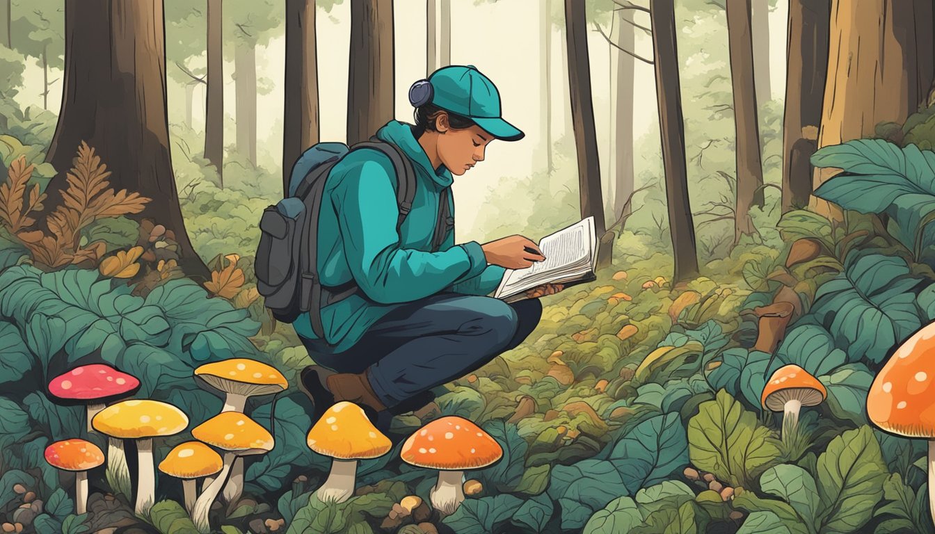 A person in a forest, examining various mushrooms. Some are brightly colored and distinct, while others are more subtle. The person is cautious and uses a guidebook to identify poisonous mushrooms