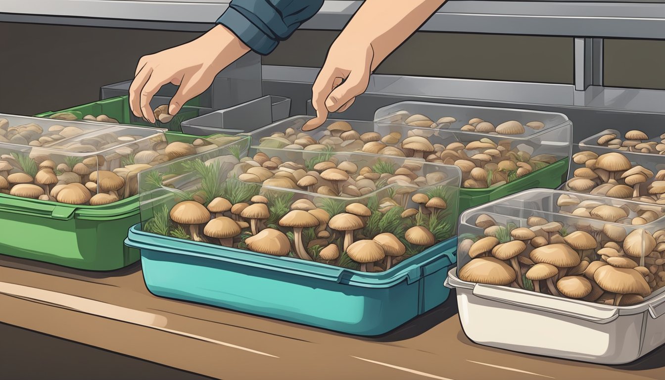 A person carefully stores freshly picked California mushrooms in airtight containers for preservation